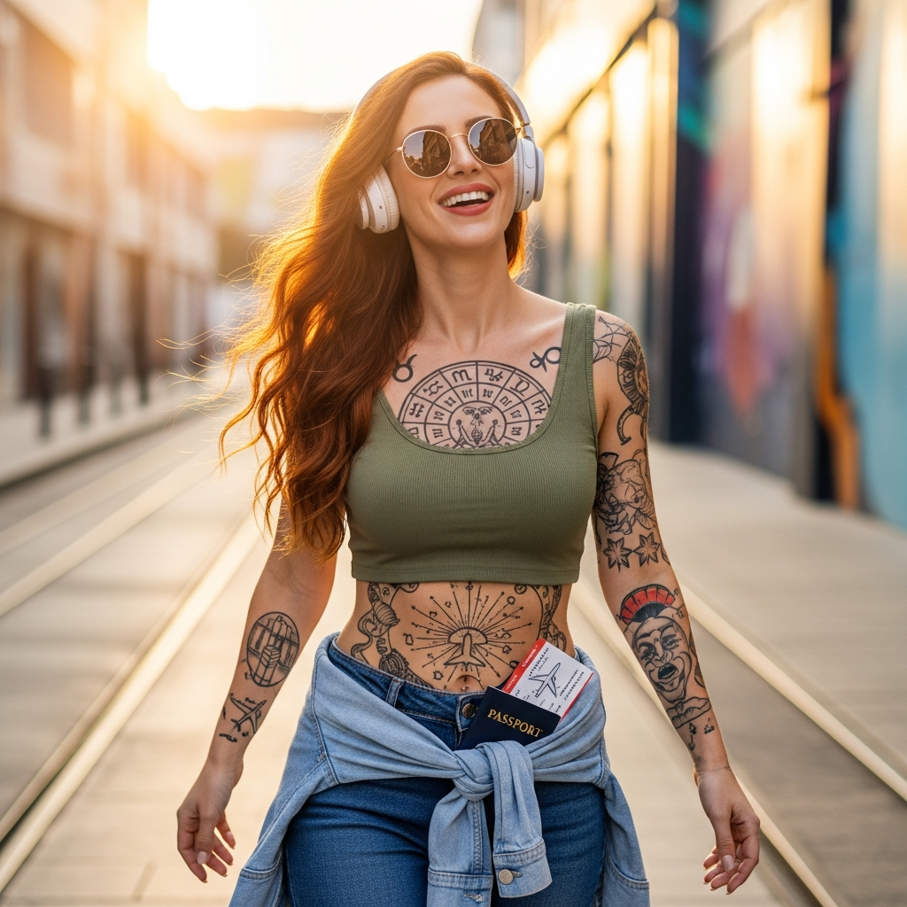 Outra imagem da personagem Vênus: viajante de frente, sorrindo, com óculos e fones